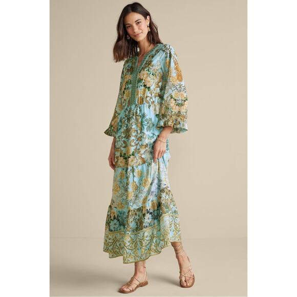 Soft Surroundings Size 1X Baroque Maxi Dress Aqua Gold Floral Boho Hippie Flowy - Picture 2 of 11
